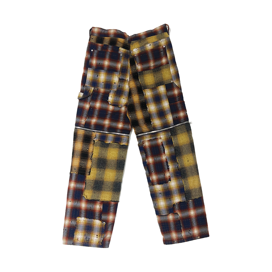 Straight-Leg Convertible Distressed Checked Cotton-Flannel Trouser