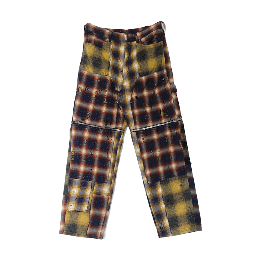 Straight-Leg Convertible Distressed Checked Cotton-Flannel Trouser