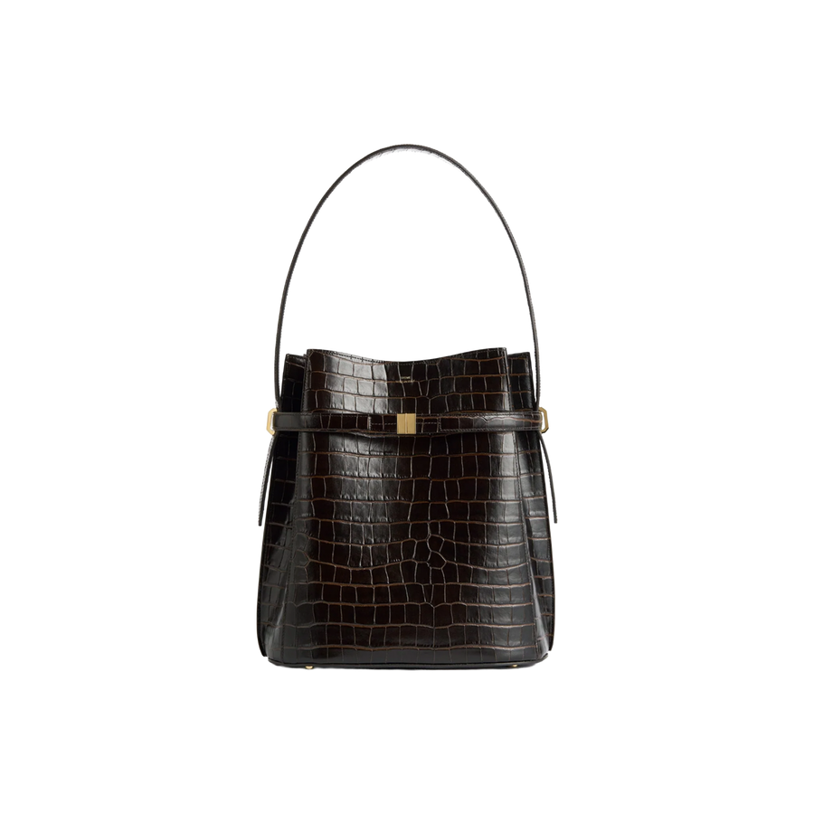 Belted Croco-Embossed Bucket Bag