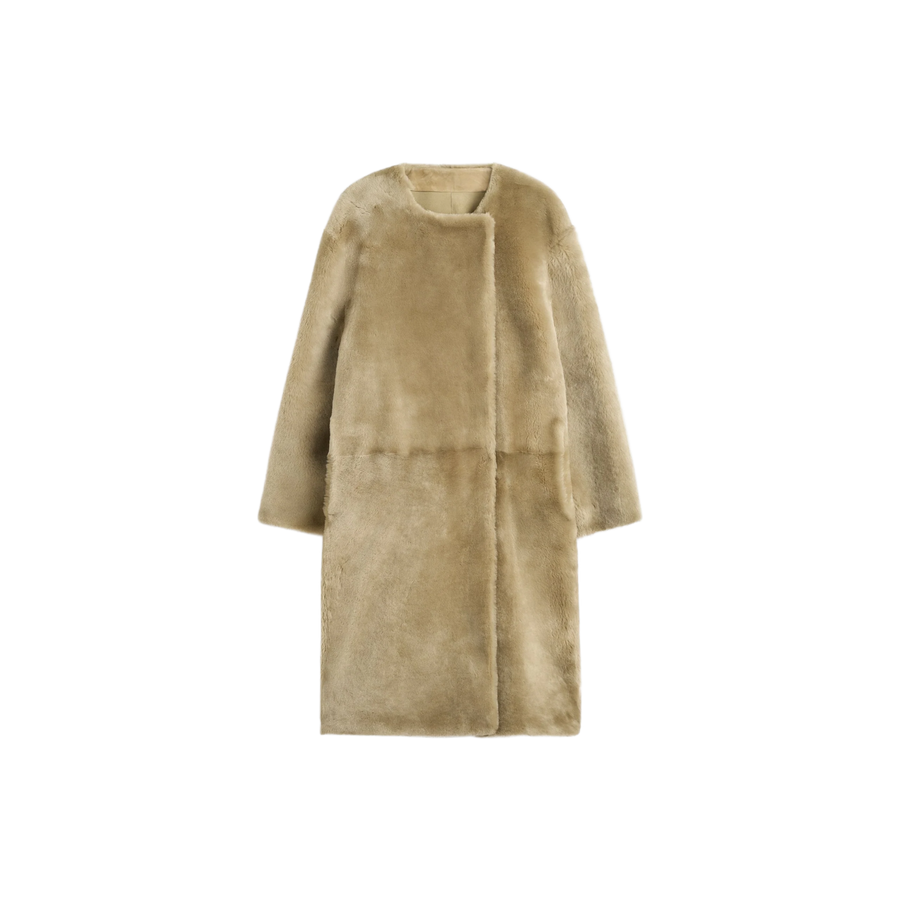 Collarless Shearling Coat Rye