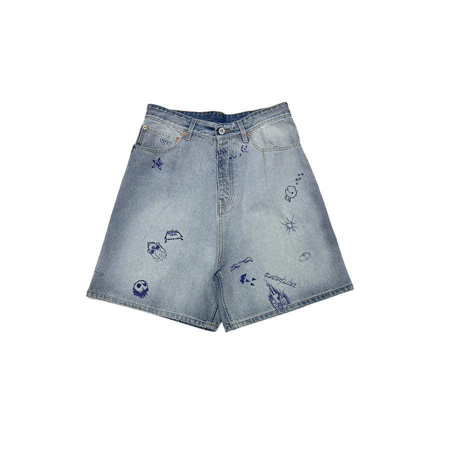 Scribbled Denim Shorts